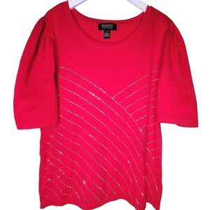 Madison Paris New York Red Sweater Rhinestone Puff Sleeve Round Neck Sparkle‎ XL